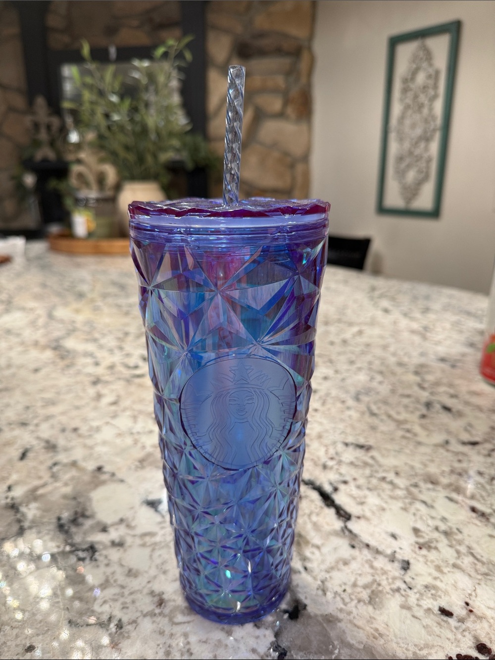 Starbucks Iridescent Blue-Purple Diamond Pattern Tumbler with Straw